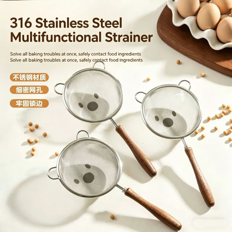 Baby Food Strainer - ファインフィルターストレーナー、新しい304木製ハンドル、ベビー用補助食ストレーナー、超微細ジュース豆乳フィルター残渣スプーン