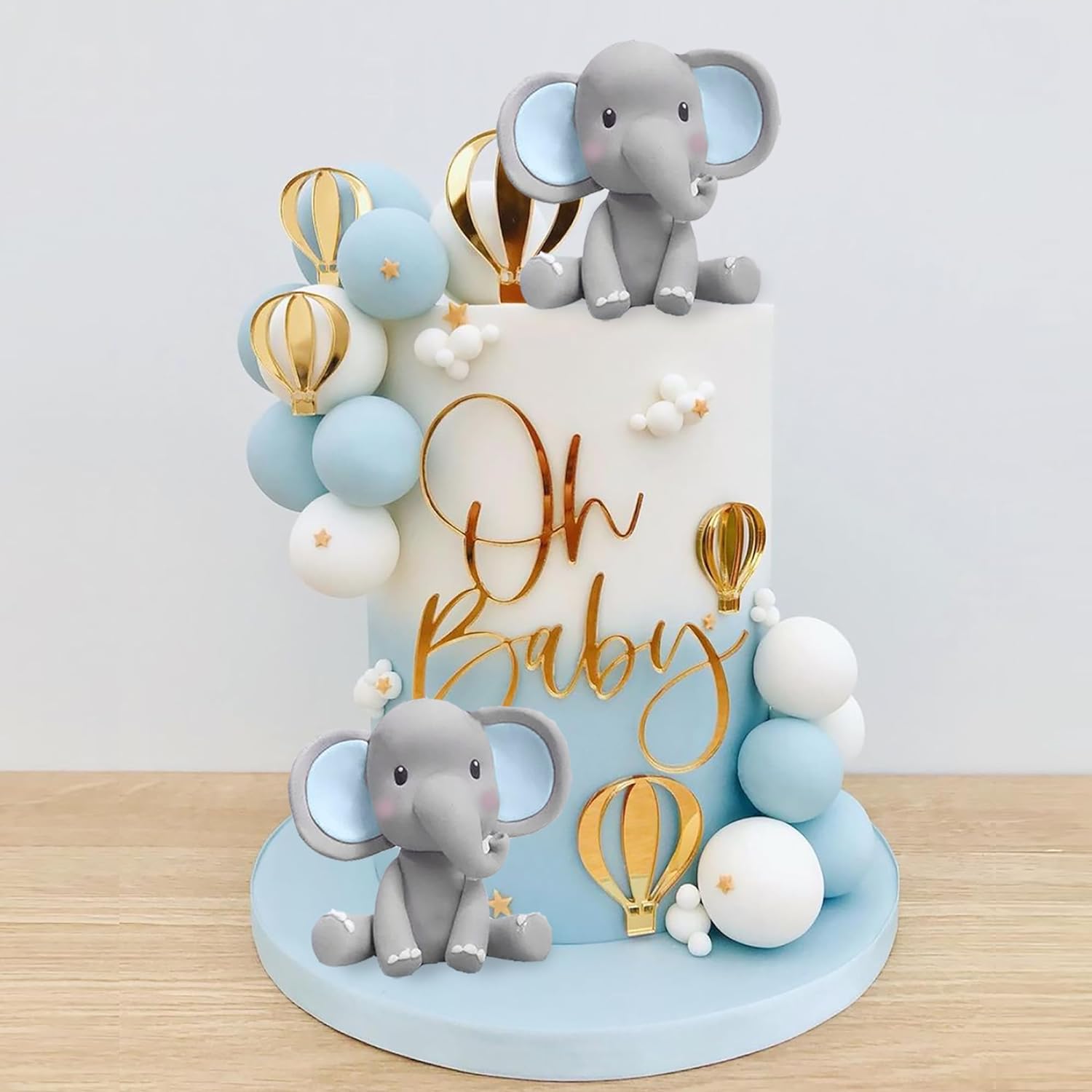 Baby Food For 1 Year Old - 象のケーキデコレーション ベビーケーキトッパー 青白のパールボール 熱気球 ベビーシャワー 象のテーマ