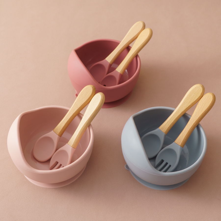 Baby Food Dispensing Spoon - 3 個のシリコンベビー給餌ボウルセットベビー学習食器吸引ボウルセット木製スプーンフォーク子供食器ベビー用品
