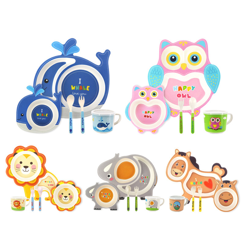 Baby Food With Fiber - 天然竹繊維食器漫画の形 5 ピース/セットベビー食器子供用コンパートメント食品プレートボウルスプーン食器