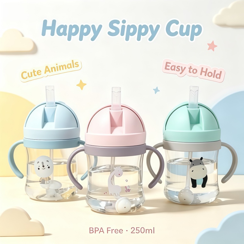 Baby Food Dispensing Spoon - 新しい漫画パターン屋外子供用飲料ボトルストロー付きベビー授乳カップトレーニングポータブルハンドルウォーターボトルウォーターカップ