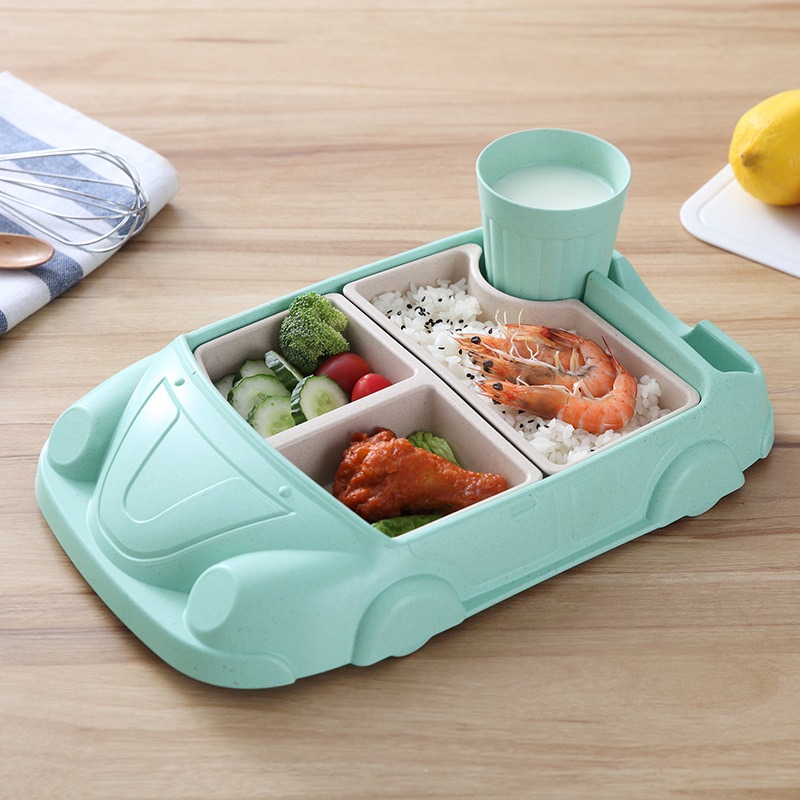 Baby Food With Fiber - クリエイティブ車の形の竹繊維ベビー給餌ボウル食品グレード漫画補完食品皿分割グリッド弁当弁当箱セット