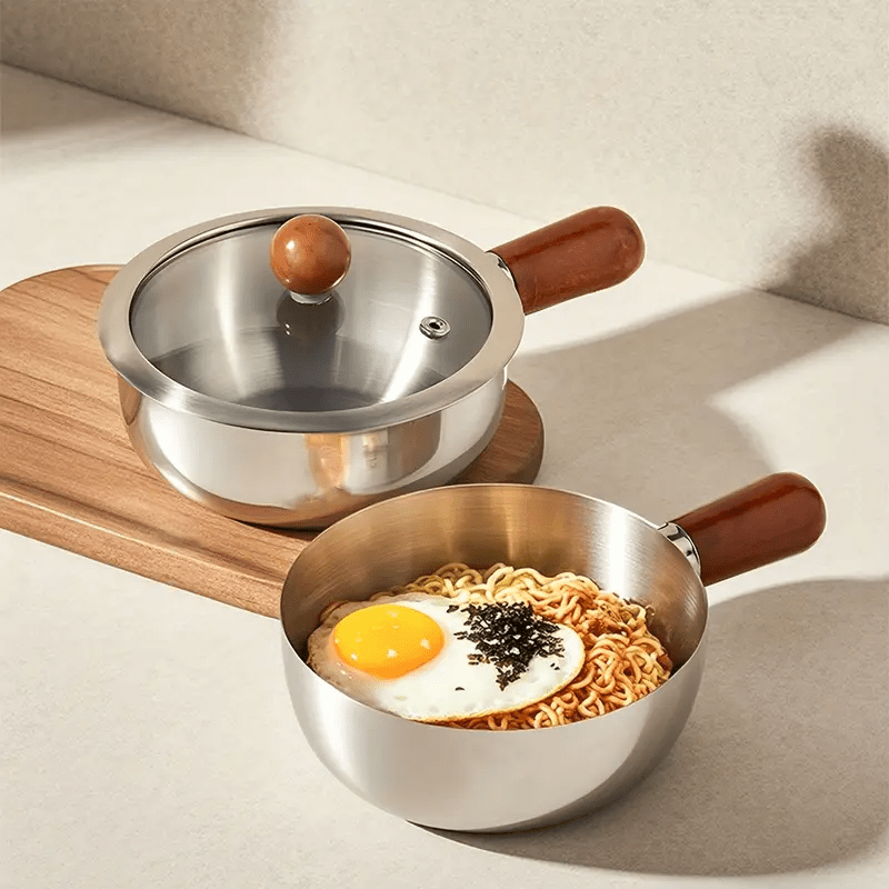 Baby Food Egg - 1ピースステンレス製大型ボウル（蓋なし）、インスタントラーメン、ベビーフード、スナック、卵泡立て、サラダ用、木製ハンドル付き、火傷防止、落下防止、高温耐性、家庭用および屋外用調理器具、小型鍋