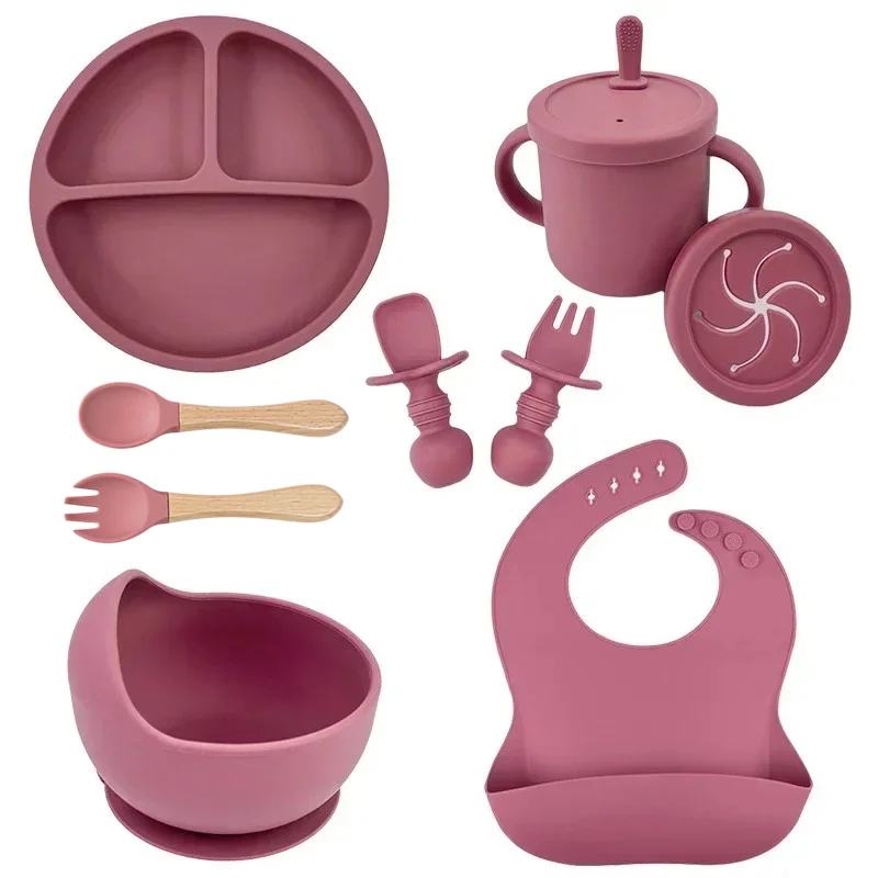 Baby Food Dispensing Spoon - 食品グレードのシリコーン子供皿セットベビー給餌ボウル吸引プレートストローカップ木製スプーンフォーク子供用食器幼児食器