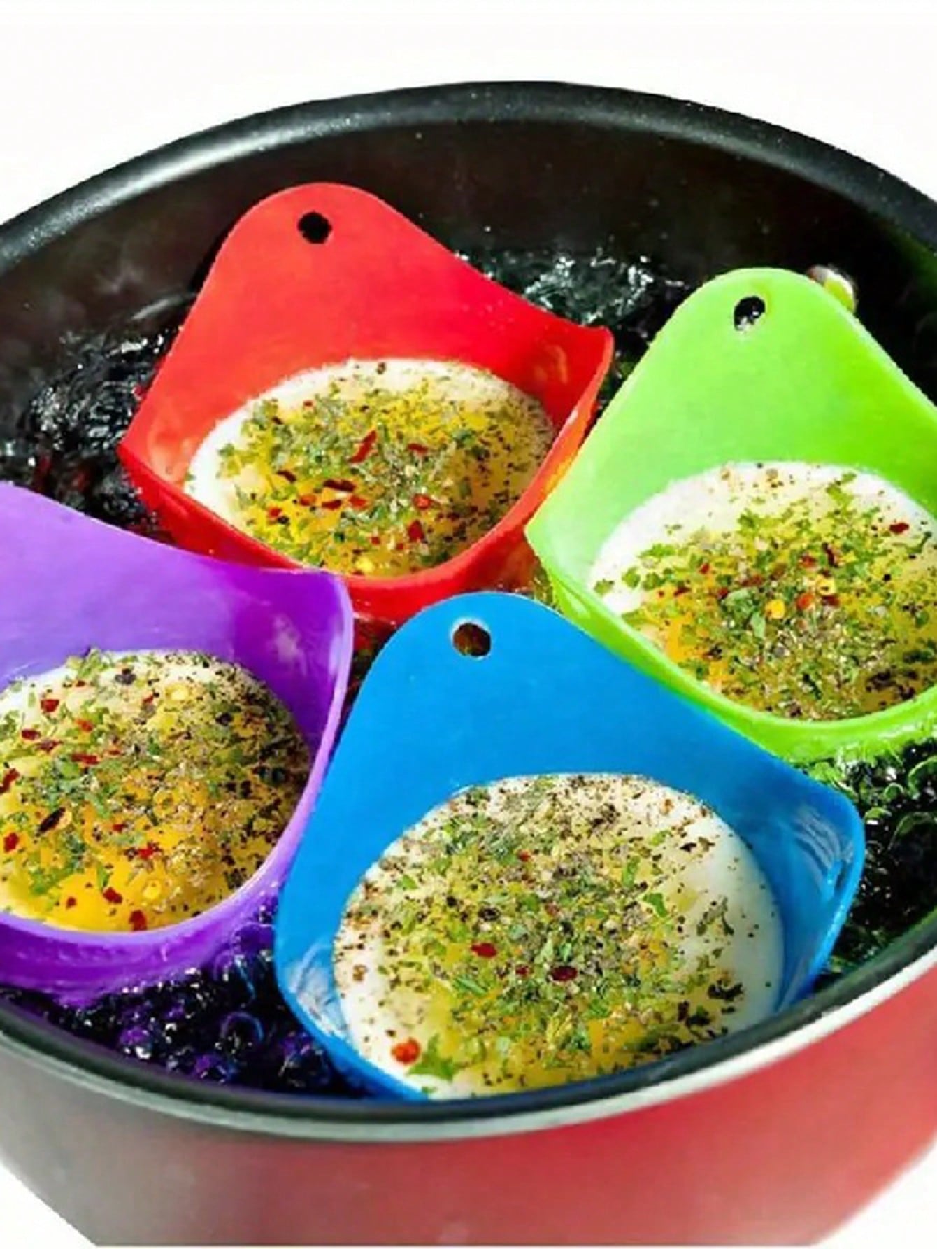 Baby Food Egg - ランダムカラーの卵ボイラー型カップ4個、シリコン製ポーチドエッグカップ、電子レンジ、エアフライヤー、コンロで卵を調理するためのポーチドエッグカップ