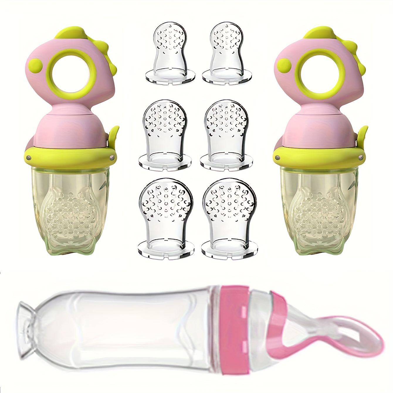ベビー給餌セット 9 個: 恐竜回転プッシュオン式フルーツフ - Baby Food Dispensing Spoon のレビューと価格