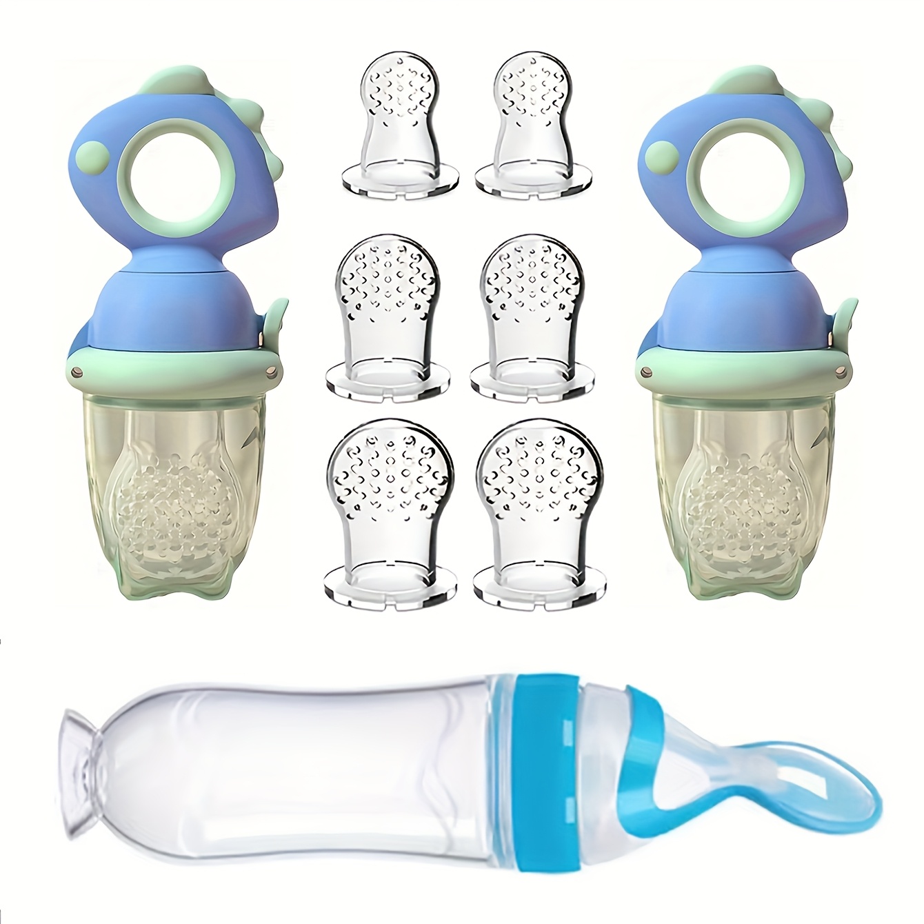 ベビー給餌セット 9 個: 恐竜回転プッシュオン式フルーツフ - Baby Food Dispensing Spoon のレビューと価格
