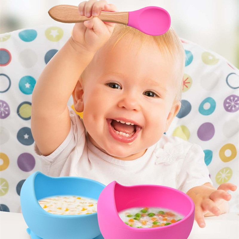 2 ピース/セットベビーシリコーンスプーンフォーク木製ハンド - Baby Food Lunch のレビューと価格